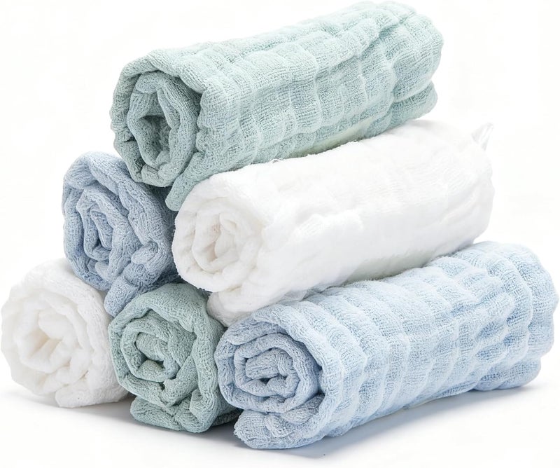 Bear Rocket Organic Muslin Baby Washcloths 6 Pack Baby Bath Face Towel 12x12 Inch Extra Absorbent and Soft Burp Cloth and Wash Cloths for Newborn-Infants On Sensitive Skin (White Blue Green) - Image 1